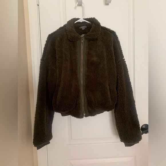 &merci Faux Fur Dark Olive Bomber Jacket - Picture 2 of 10